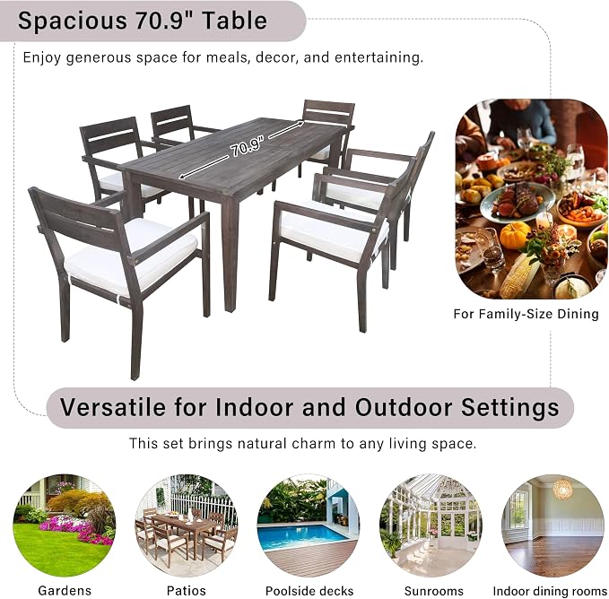 7 Pieces Outdoor Acacia Wood Dining Table Set for 6 with 70.9" Rectangular Table and 6 Chairs, Modern Patio Dinner Set with Cushion for Backyard, Garden, Poolside or Indoor, Antique Gray