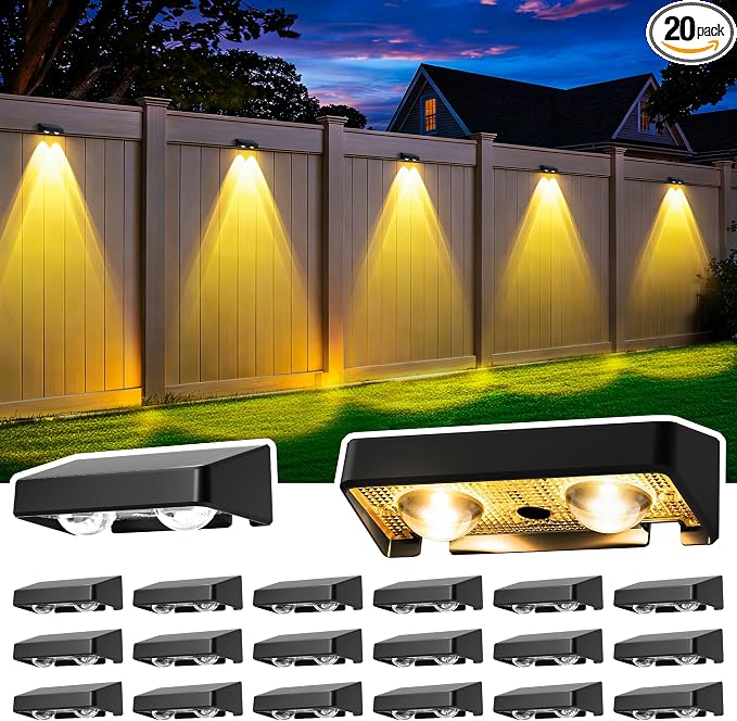 Solar Fence Lights Outdoor, Color Changing, Waterproof IP65, 20 Pack | 11 Modes, 9 Colors 50 LM Solar Lights Waterproof with LED Focus Lens for Wall Backyard Deck Patio Porch Step Pool Decor