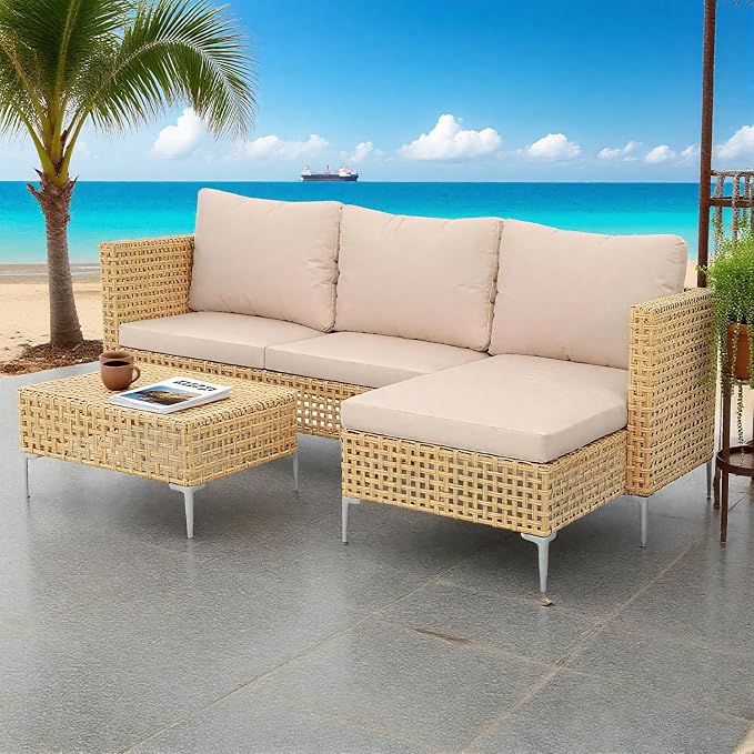 3 Pieces Small Patio Furniture Set,Wicker Chaise Longue Conversation Set, Rattan L-Shaped Sofa Couch with Coffee Table for Deck Porch Balcony and Garden