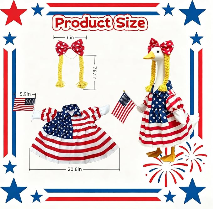 Patriotic Porch Goose Outfits, 23" Porch Goose 4th of July Outfits, Cute Independence Day Goose Clothes for Front Outdoor Patio Yard 250th Anniversary Decoration