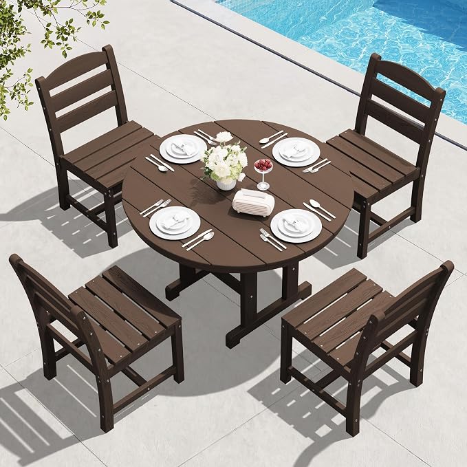 SERWALL 5-Piece Patio Dining Sets, HDPE Outdoor Table and Chairs Furniture Set, 45" Round Dining Table and 4 Armless Dining Chairs, Coffee