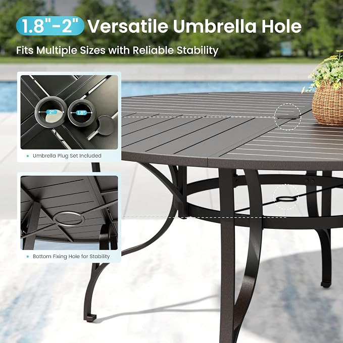 PHI VILLA Round Patio Table for 8, Black Metal Table w/Umbrella Hole | 67" large wrought iron dining table. Slatted top design, weather resistant. Perfect for outdoor deck, porch, backyard.