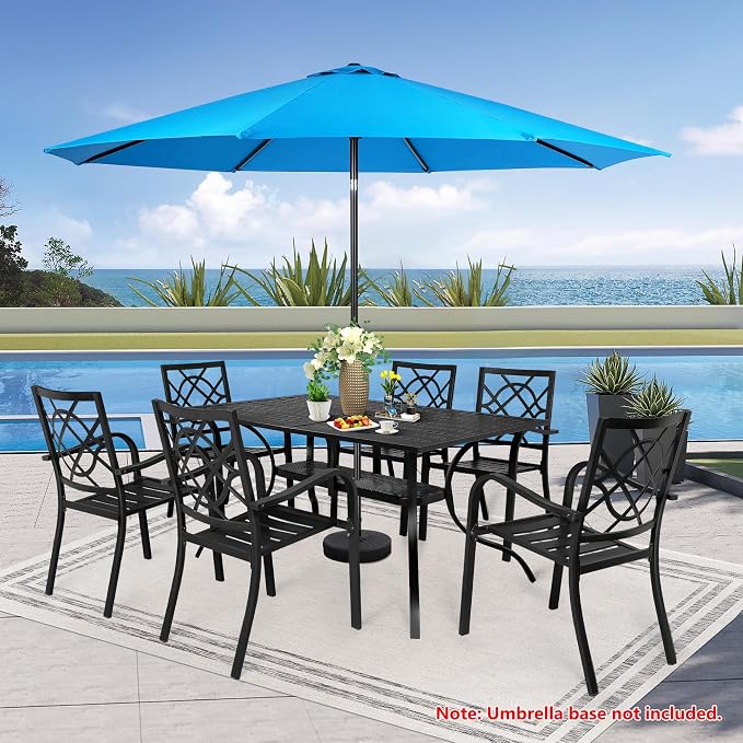 Incbruce 7 Pcs Outdoor Dining Set Wrought Iron Patio Dining Set with Sky Blue Umbrella, Dining Furniture Set (6 Dining Chair and 1 Rectangular Table with 1.57" Umbrella Hole) -Metal Tabletop