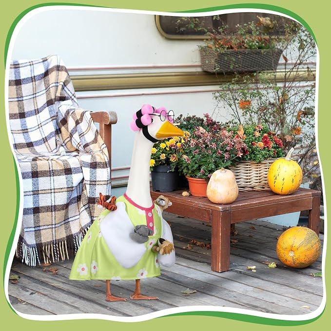 Suzile Funny Lady Porch Goose Outfit for 23'' Cement Goose Curler Wig Costume Glasses with Cute Animals for Holiday Parties Yard Lawn Outdoor Garden Patio Concrete Statue Geese Decoration