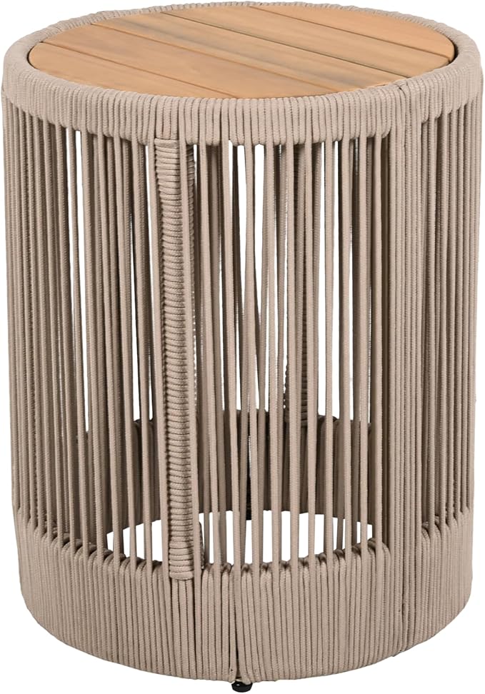 IRONORA Outdoor Rattan Rope & Acacia Wood Side Table - Patio Balcony Furniture for Garden, Yard, Balcony - Weather Resistant