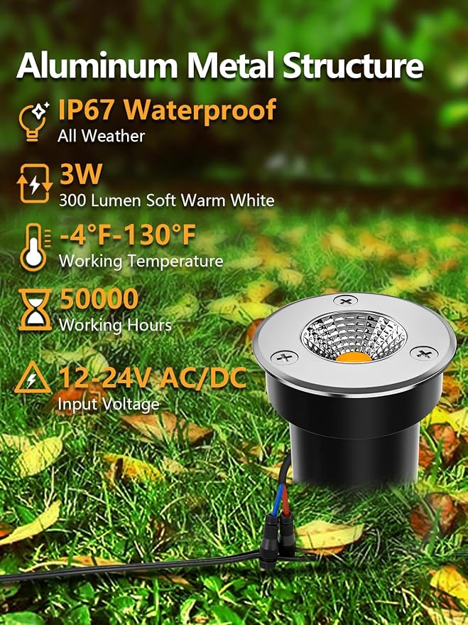 ZUCKEO Low Voltage Landscape Lighting LED Well Lights 3W 12V-24V in Ground Light IP67 Waterproof Outdoor Low Voltage Landscape Lights for Floor Driveway Deck Step Garden (8 Pack Warm White)