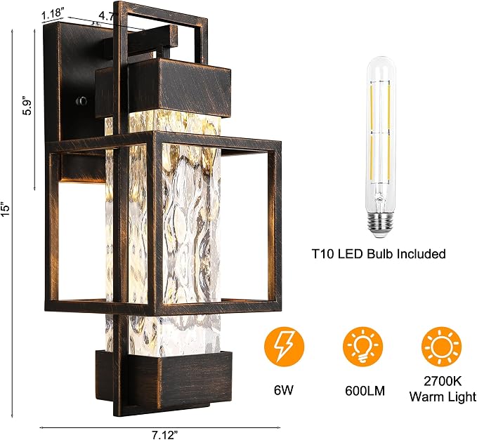 Modern Outdoor Light Fixtures Dusk to Dawn Outdoor Lighting 2 Pack, 15" Exterior Wall Sconce Waterproof Outside Porch Light for House with Water Glass Black Brushed Gold