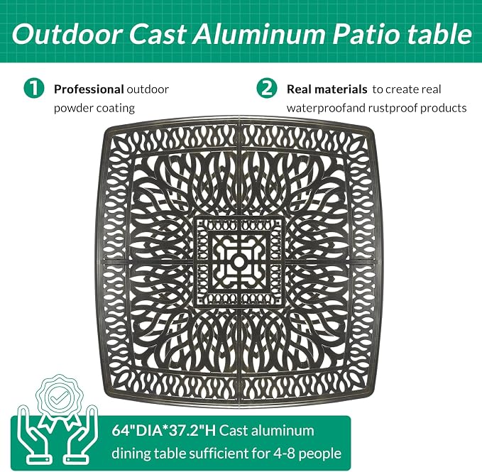 VIVIJASON 64" Square Patio High Bar Table for 8, Outdoor Large High Dining Table with 2.2" Umbrella Hole, Weather-Resistant Patio Dining Table for Deck Garden Backyards, Dark Bronze