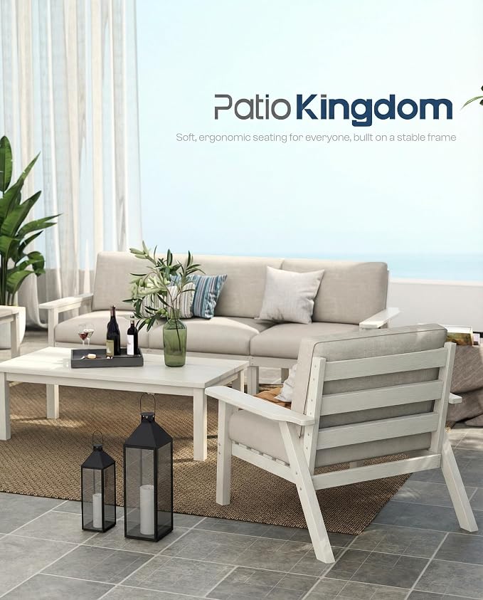 Patio Furniture Set with Washable Thick Beige Cushions, HDPE Outdoor Couch, All-Weather Outdoor Sectional Furniture, Patio Conversation Sets for Lawn, Garden, Porch (White Frame)
