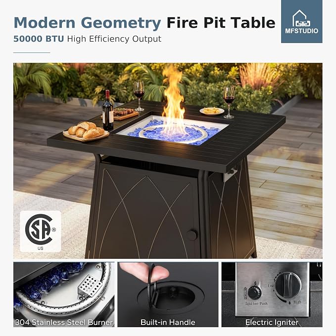 MFSTUDIO 5 Pieces Patio Conversation Sets, Outdoor Metal Furniture Sofas with 1 x 28 50,000 BTU Square Propane Gas Fire Pit Table and 4 x Steel Frame Patio Sofa Swivel Chairs with Navy Cushion