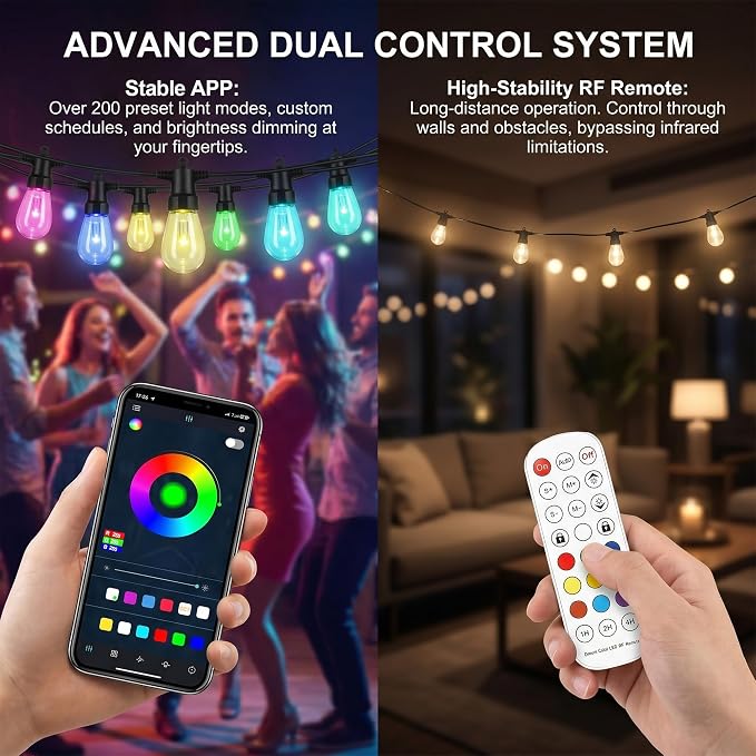 Outdoor String Lights 50FT, RGBW Clear ST14 Bulbs with App Control | 20 ST14 clear bulbs with app control, remote control, music mode, timer for backyard, pergola, deck and gatherings