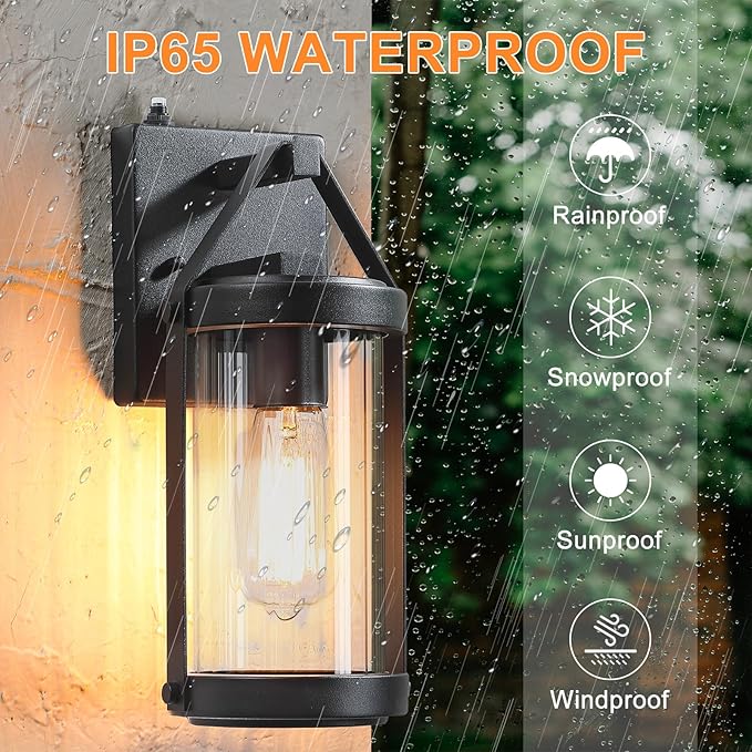 2 Pack Dusk to Dawn Sensor Black Outdoor Wall Sconce Lightings | Exterior Porch Lantern Waterproof Outside Garage Light Fixtures Wall Mount for House Patio Entryway