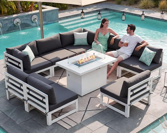 RADIATA 9 Pcs Modern Aluminum Outdoor Patio Furniture Set with Fire Pit Table Propane/Gas, Extra Large All-Weather Modular Sectional Couch, 29" Wide Deep Seating Conversation Sofa for Deck, Dark Grey