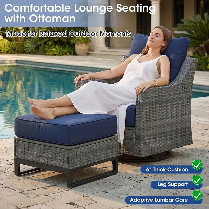 5 Piece Patio Furniture Set, Grey Wicker Outdoor Conversation Set with 2 Swivel Rocker Chairs, 2 Ottomans and Side Table, 6-Inch Thick Cushions, Blue Olefin Covers for Patio, Porch