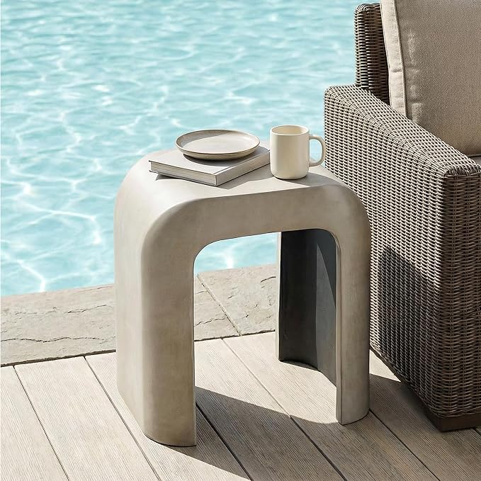 SUNBURY Outdoor Side Table, 18" H Concrete Horseshoe End Table, Rectangular Cement Accent Table for Patio, Round Modern Garden Stool for Patio, Backyard, Grey