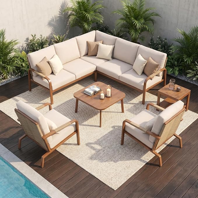 5-Piece Aluminum Patio Furniture Set, Outdoor L-Shaped Sectional Sofa with Coffee Table & Side Table, Patio 3-Piece Sofa Set, Thick Waterproof Cushions, Modern Outdoor Conversation Set, Gray