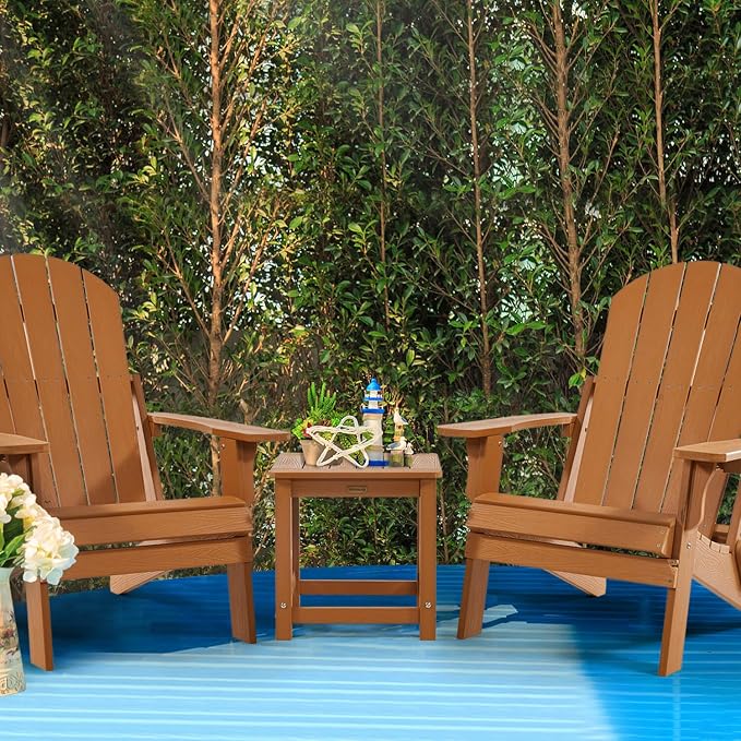 Outdoor Side Table, HIPS Plastic Composite Adirondack Patio Table, Weather Resistant End Tables for Outside, Indoor, Patio, Garden, Pool, Porch, Backyard, Lawn, Deck - Teak