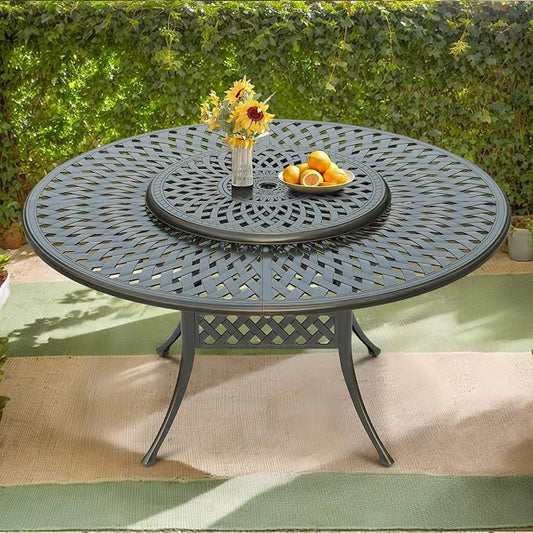 VIVIJASON Outdoor 61" Patio Dining Table for 6-8 Person, Large Patio Round Dining Table with Lazy Susan, Dark Bronze Cast Aluminum Rustic Patio Table with 2" Umbrella Hole for Balcony, Porch and Deck