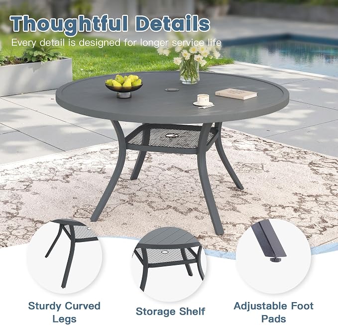 DIFY 7 Pieces Outdoor Dining Set for 6, 47.2" Round Dining Table with Umbrella Hole & Wicker Stackable Patio Chairs with Cushions, Metal Patio Table and Chairs Set for Backyard Porch Garden, Grey