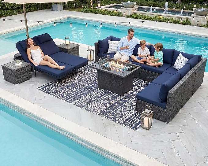 NICESOUL 11 Piece Outdoor Sectional with Fire Pit Table, 29.3'' High Back Rattan Patio Furniture Set with Firepit & Chaise Lounge, Large Deep Outdoor Sectional, 2 Color Cushion Navy Blue & Grey