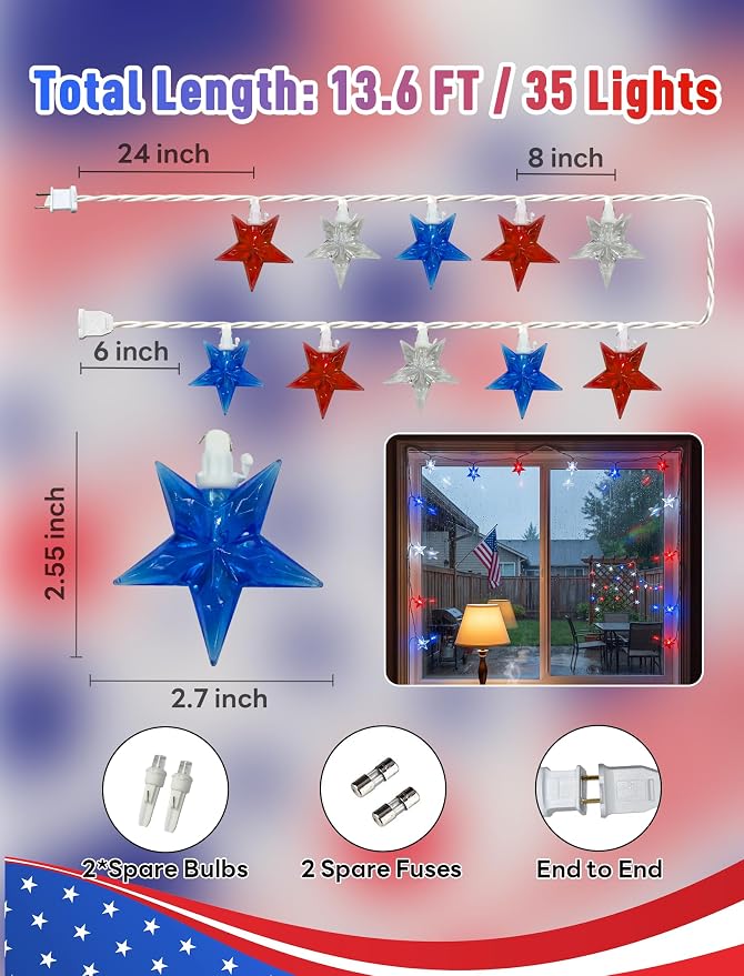 35 LED Patriotic Star String Lights, 13.6FT 4th of July Red White and Blue String Light with LED Mini Bulbs, Waterproof Connectable Independence Day Lights for Home Patio Garden Yard Memorial Day