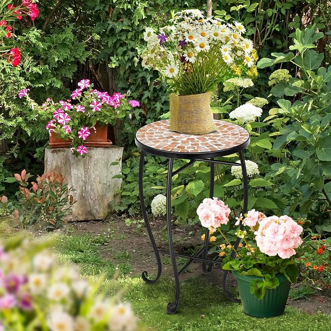 VINGLI Mosaic Outdoor Side Table, 14" Round End Table, Accent Table, Plant Stand Ideal for Pool Side, Porch, Patio, Deck or Sofa Side, Glass Top Black Iron, Golden Backyard