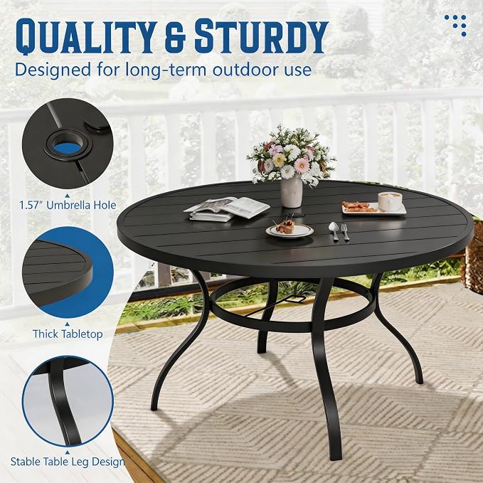 Oakcloud 53" Round Patio Dining Table, Outdoor Metal Round Table Patio Furniture Classic Black Table with 1.57" Umbrella Hole, for Garden Backyard Poolside Deck