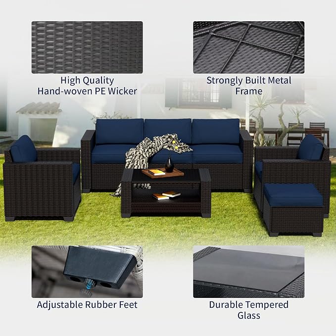 YLGJ&TIDY 7 PCS Outdoor Patio Wicker Furniture Set Sofa with Coffee Table | All Weather Rattan Woven Patio Conversation Set with Dark Blue Thicken Cushion and Tempered Glass Table for Garden Backyard