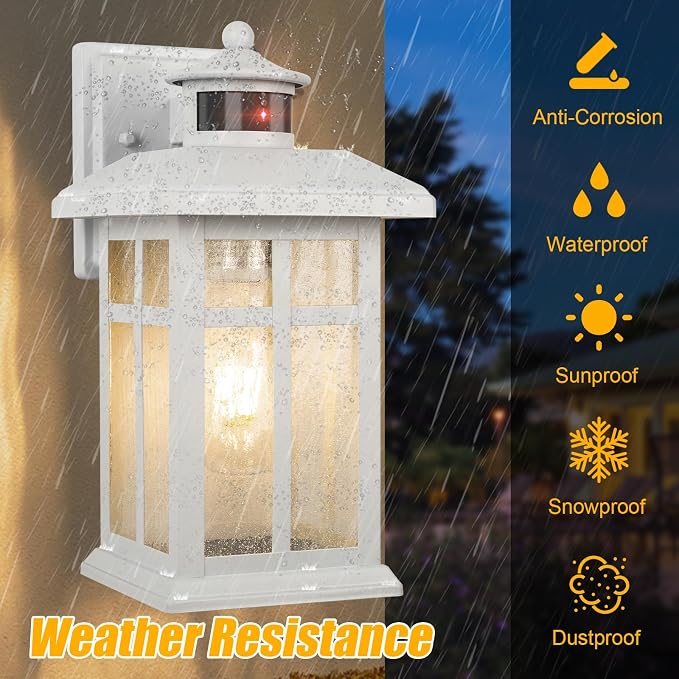 Brilvibera Dawn to Dusk Motion Sensor Exterior Wall Light Fixtures | Exterior Wall Mount with E26 Sockets & Tempered Glass, Waterproof Outdoor & Indoor Lights for House, Porch, Garage, White
