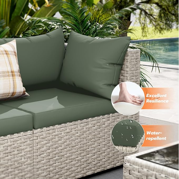 UDPATIO Outdoor Patio Furniture Set, 7 Pcs PE Wicker Sectional Sofa with Tea Table, Outdoor Conversation Set for Patio, Garden, Backyard (Green Cushions with Light Grey Rattan)