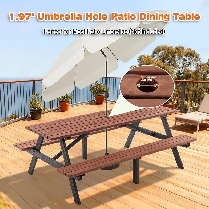 Hohuqeri Wood Picnic Table, 75” Tabletop with Umbrella Hole, 8 Person Outdoor Wooden Picnic Table Bench Set for Patio, BBQ, Dining