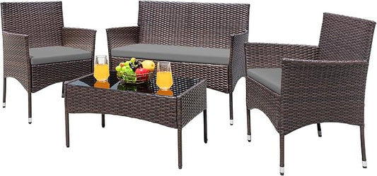 Greesum Patio Furniture 4 Pieces Conversation Sets Outdoor Wicker Rattan Chairs Garden Backyard Balcony Porch Poolside loveseat with Cushion and Glass Table, Brown and Grey