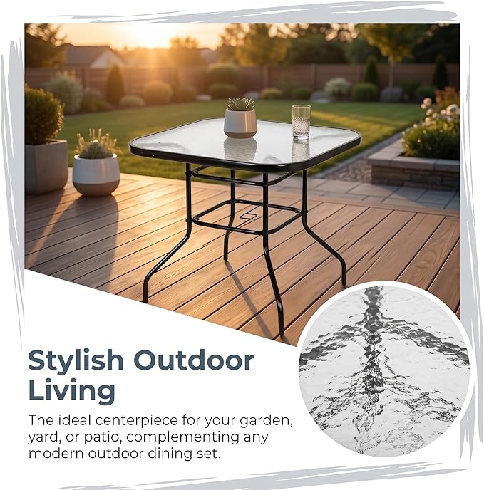 31.5" Square Outdoor Dining Table, Toughened Glass Patio Table with Umbrella Hole for Yard and Garden