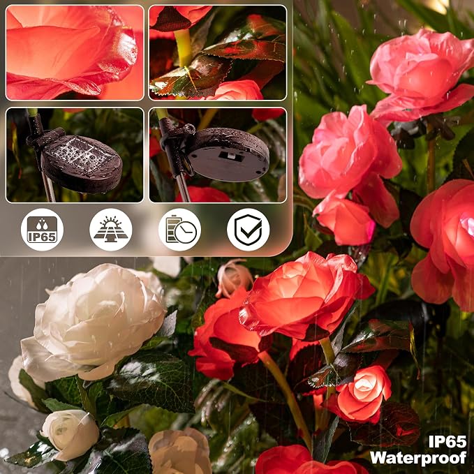 Anordsem Solar Garden Lights Outdoor: Waterproof Fabric Roses - Red LED Flower Decorations for Yard Patio Path Cemetery Grave - Birthday Gifts for Women Mom Wife - 6 Pack White