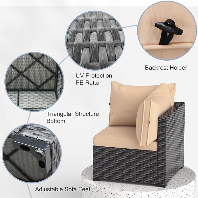 Patio Furniture Set, 7PCS Outdoor Sectional PE Rattan Patio Conversation Set w/Thickened Cushion Modular Wicker Patio Sofa Set w/Coffee Table for Balcony, Backyard(Coffee)