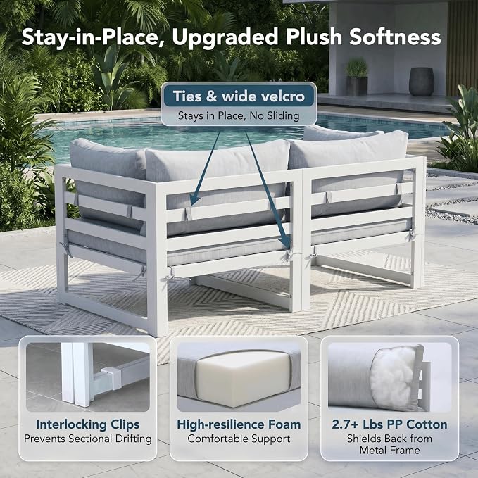 NICESOUL 10 Pcs L-Shaped Contemporary Aluminum Outdoor Furniture Set, 29" Deep Wide Large Couch Set, 500 lbs High Weight Capacity Modular Patio Sectional Sofa with Side Table for Garden, Light Grey