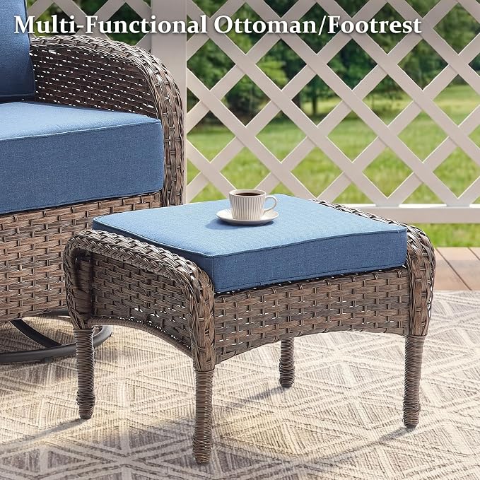 Outdoor Swivel Rocking Chair Patio Set (12pcs) High-Back - Thick Cushion Swivel Rocking Chair Patio with Sofa Set, All-Weather Wicker Patio Furniture Set, Suitable for Balcony Patios, Brown/Blue