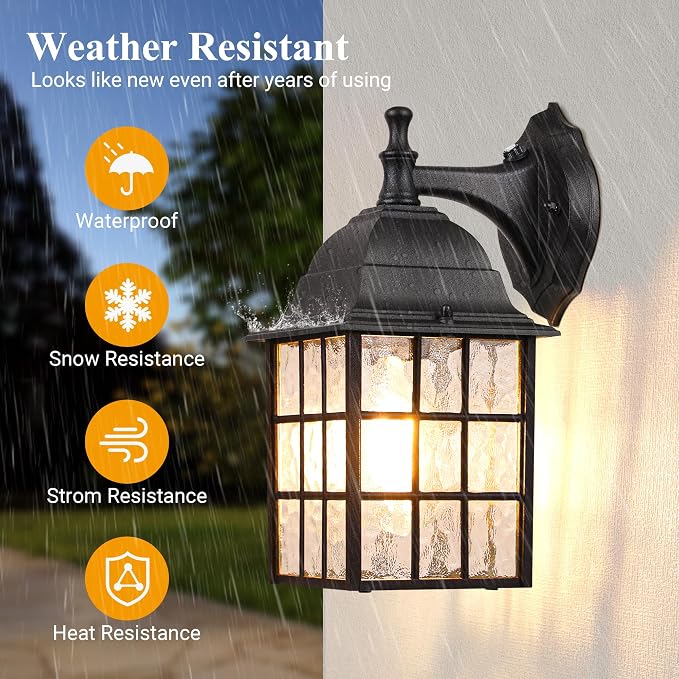 WIHTU Dusk to Dawn Outdoor Wall Lights 2Pack, Classic Exterior Porch Light | Aluminum Frame, Water Rippled Glass, Waterproof, E26, Sensor Exterior Lighting Fixtures, Wall Sconce For Garage, Front Door