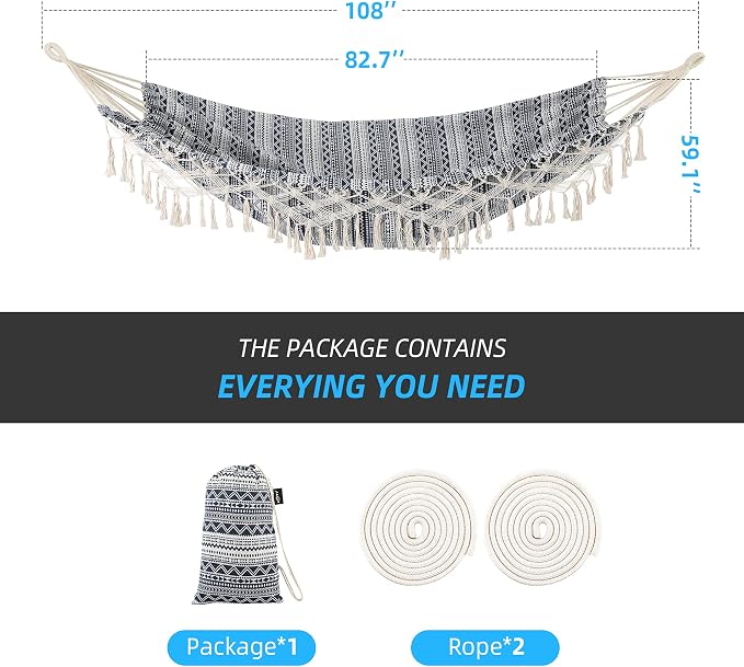 Garden Hammock with Tassels,2 Persons Indoor Hammocks with Portable Carry Bag Deluxe Macrame Fringe for Patio,Porch,Backyard,Beach,Outdoor and Inside Cotton Fabric, Up to 450Lbs (Blue-White)