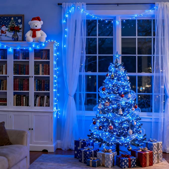 JMEXSUSS 91.5ft Connectable 250 LED Blue Christmas String Lights Indoor | Christmas Lights Outdoor Waterproof, 8 Modes Blue Christmas String Light for Party Garden Tree Halloween Decoration