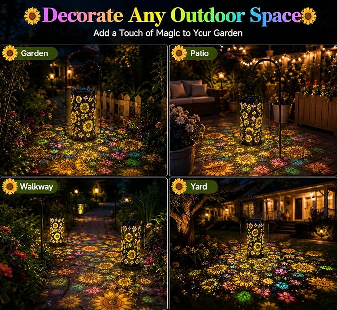 Colorful Sunflower Glow Solar Lantern, IP55 Waterproof Solar Garden Lantern with Multicolor Sunflower Projection, Outdoor Decorative Light for Patio, Yard and Garden