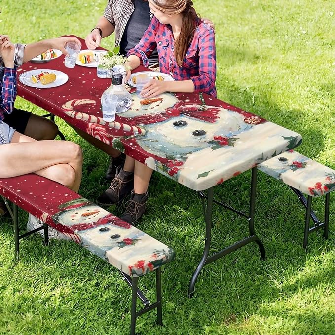 Snowman Picnic Table Cover with Bench Covers, Beach Waterproof Christmas Outdoor Table Cover, Picnic Table Covers with Elastic Suitable for Xmas Decoration