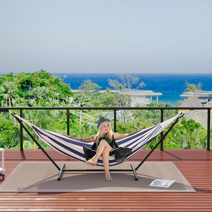 GarveeHome Double Hammock with Stand - Heavy Duty 450lbs Capacity, Portable Cotton Hammock for Two Adults, Indoor & Outdoor Use with Travel Bag, Blue&White Stripe Pattern