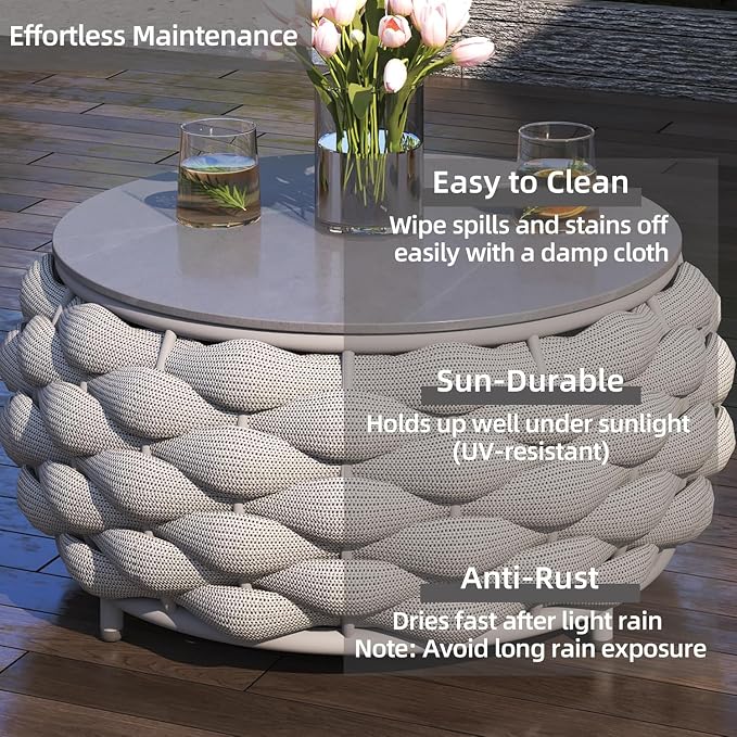 Khaki Gray 3-Seat Modular Outdoor Sofa Set with Round Coffee Table, All Weather Woven Rope Patio Sectional Couch with Cushions for Backyard Balcony Deck