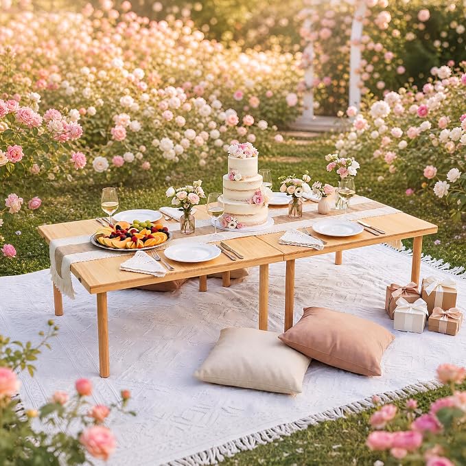 Wooden Folding Picnic Table - 60" x 30" Boho Low Picnic Table with Table Runner, Foldable Table for Indoor Outdoor Camping, Wedding, Beach, Garden, Party