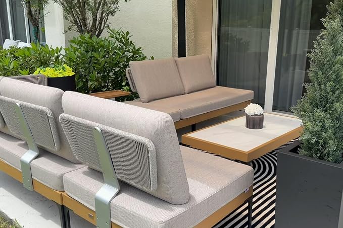 PURPLE LEAF Patio Furniture Set Outdoor Sectional Sofa with Coffee Table Cushions and Pillows Wicker L-Shaped 5 Pieces Aluminum Convertible Daybed for Balcony Yard Garden Poolside, Oatmeal Greige