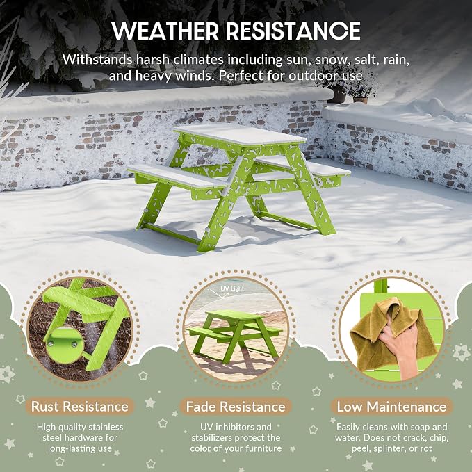 WestinTrends Malibu Outdoor Patio and Indoor Kids HDPE Plastic Picnic Bench Table, Lime
