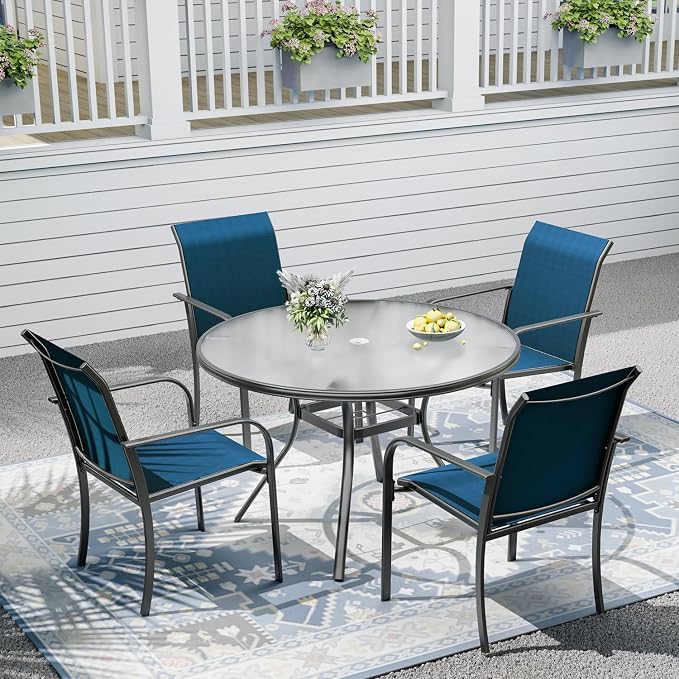 Outdoor Patio Set, 40" Round Glass Dining Table and 4pcs Stackable Chairs, All-Weather Patio Furniture Set with 1.7" Umbrella Hole for Garden Backyard Lawn Poolside