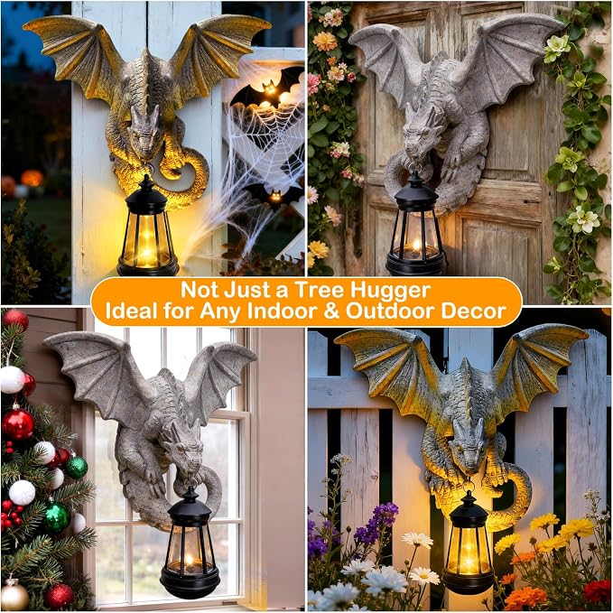 Dragon Tree Hugger Garden Statue - Resin Dragon Figurine Wall Hanger Sculptures Decor with Solar Lantern Lights, Outdoor Waterproof for Balcony Wall Porch Yard, Gifts for Mom Women Birthday