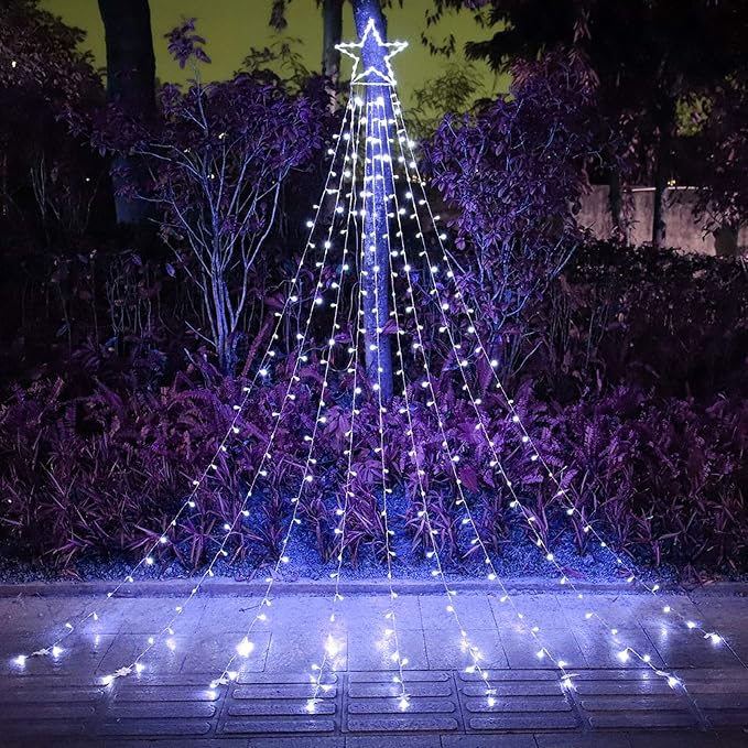 Outdoor Christmas Star Lights 320 LED Waterfall Christmas Tree Lights 8 Lighting Modes Outdoor Christmas Decorations Star String Lights for Outside Tree Wall Yard Xmas Wedding Party (White)